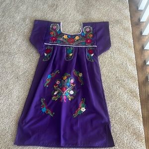 Kids Mexican floral embroidered dress. Purple with beautiful embroidery.